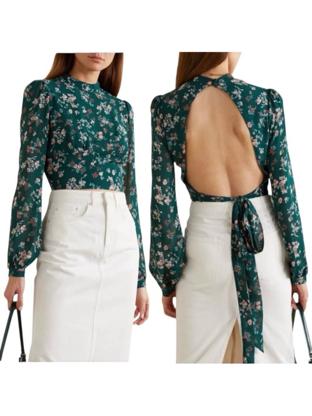 NWOT REFORMATION Raye Top Sz.12 Floral Green Tie Waist Open Back Boho Fairy